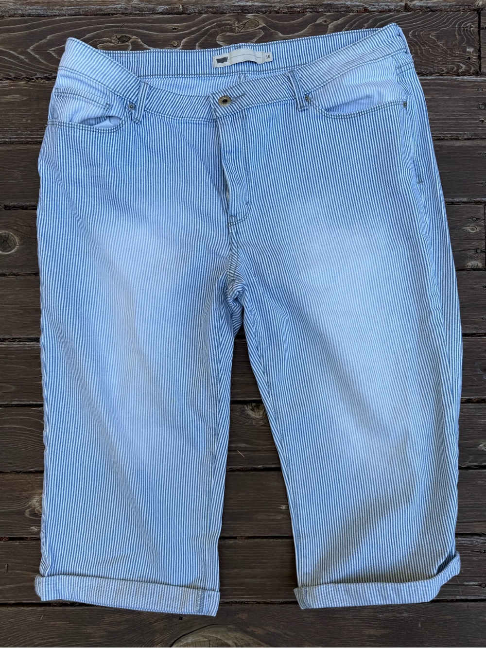 Levi's Women's Mid Rise Striped Capri Jeans 16 W33 Cuffed Crop Blue White Denim